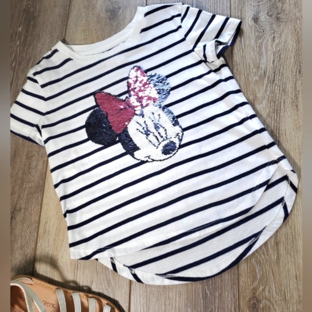 GAP Disney navy and white striped tee with sequined Minnie front Sz 4-5